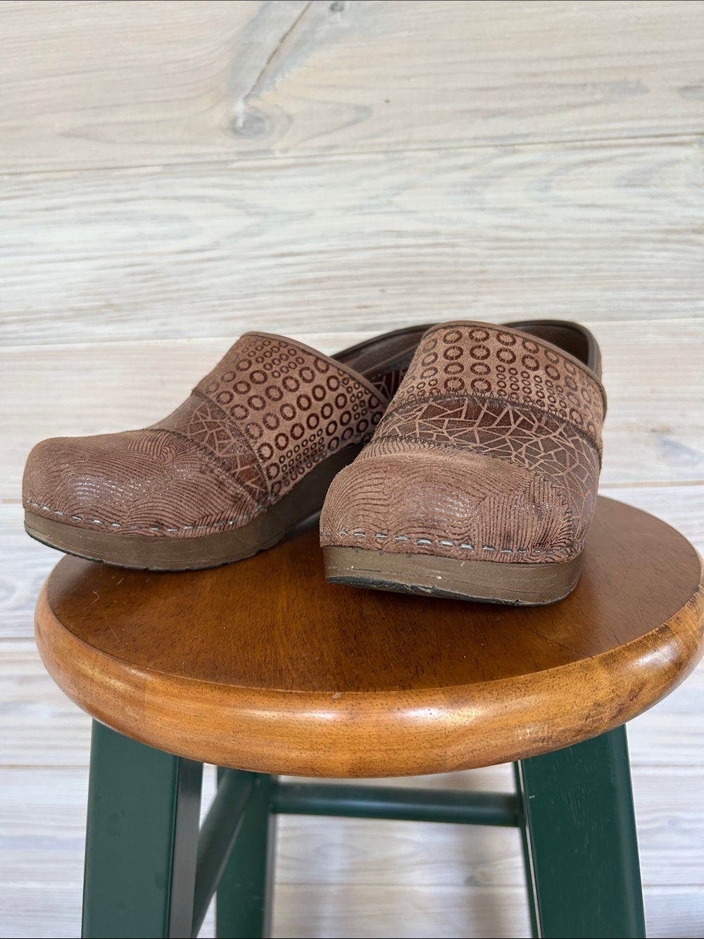 Sanita by Dansko Brown Leather Slip-On Clogs with Textured Pattern